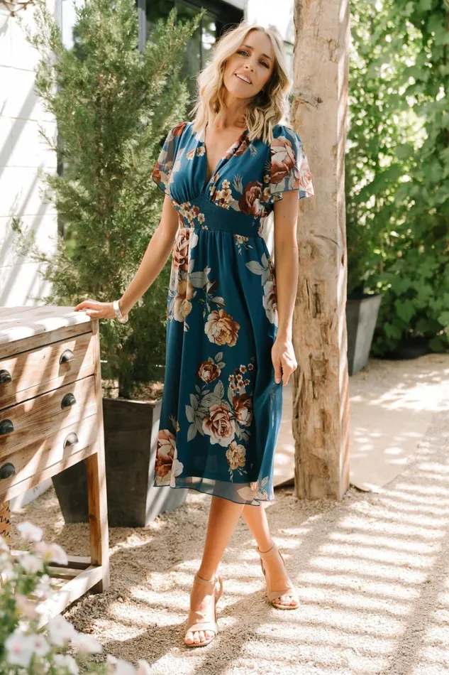 Baltic Born Midi Dresses Sarah Smocked Midi Dress Blue Floral 8211 Women Baltic Born Midi Dresses Sarah Smocked Midi Dress Blue Floral 8211 Women