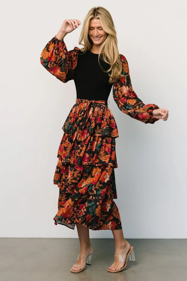 Baltic Born Midi Dresses Sylvie Tiered Midi Dress Black Multi 8211 Women Baltic Born Midi Dresses Sylvie Tiered Midi Dress Black Multi 8211 Women