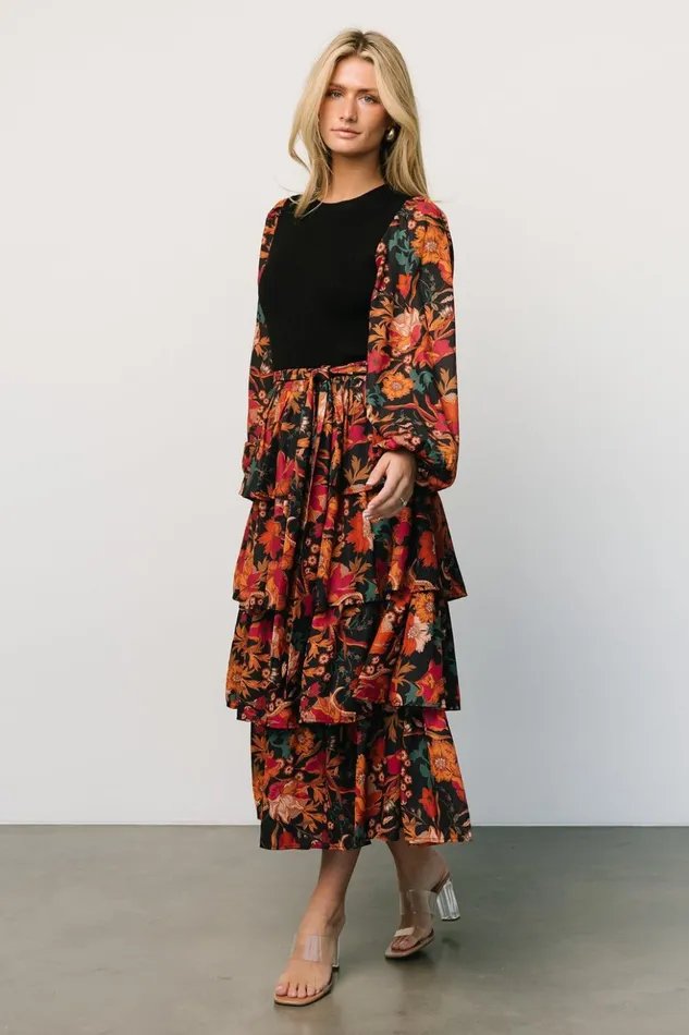 Baltic Born Midi Dresses Sylvie Tiered Midi Dress Black Multi 8211 Women Baltic Born Midi Dresses Sylvie Tiered Midi Dress Black Multi 8211 Women