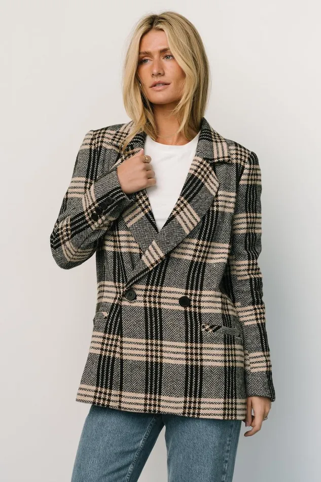 Baltic Born Outerwear Francis Plaid Blazer Black Taupe 8211 Women