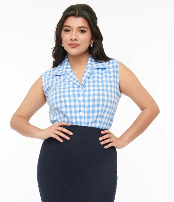 Barbie X 1950s Blue and White Gingham Commuter Set Collar Blouse Clothing Unique Vintage Blouses Barbie X 1950s Blue and White Gingham Commuter Set Collar Blouse Clothing Unique Vintage Blouses
