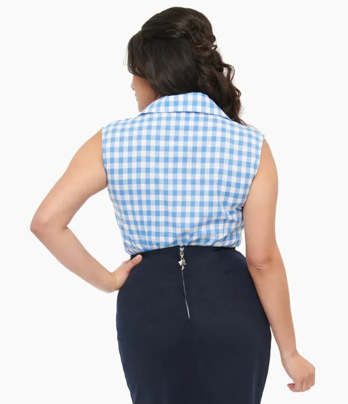 Barbie X 1950s Blue and White Gingham Commuter Set Collar Blouse Clothing Unique Vintage Blouses