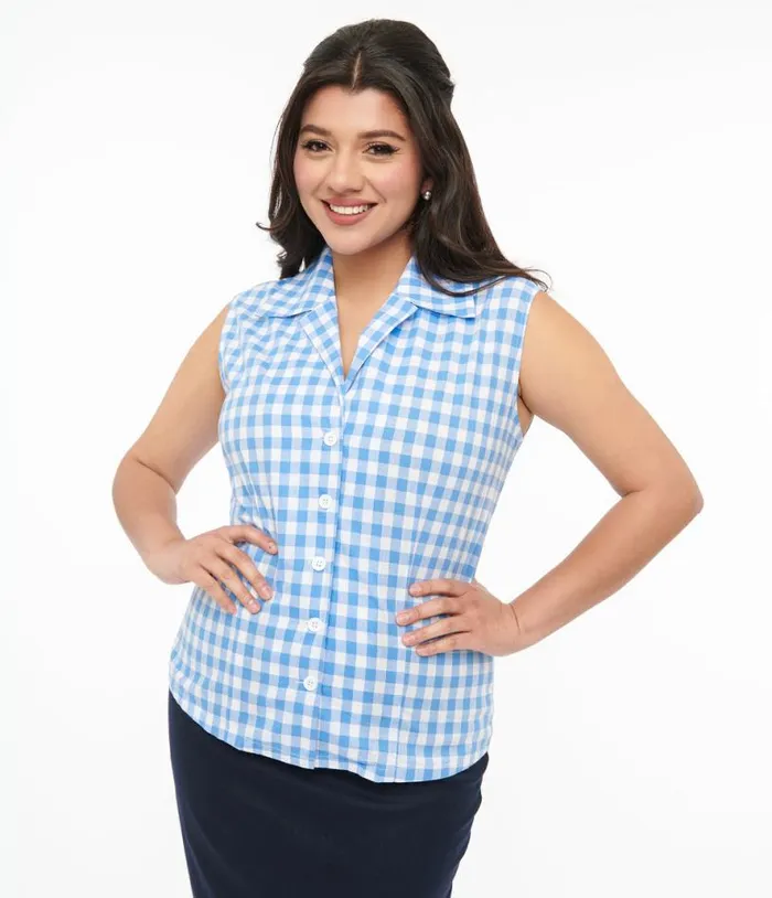 Barbie X 1950s Blue and White Gingham Commuter Set Collar Blouse Clothing Unique Vintage Blouses