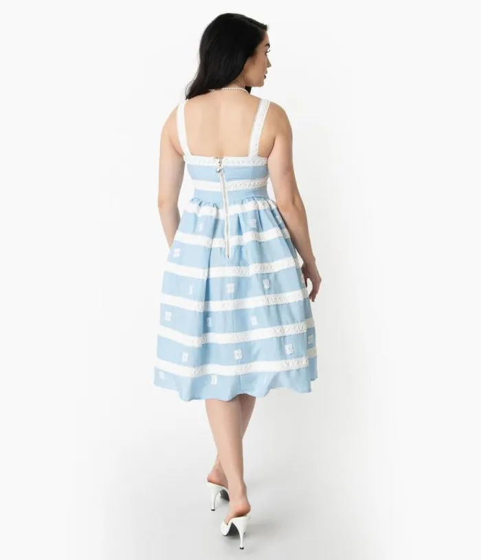 Barbie X Blue and White Suburban Shopper Sundress DressesPlus Unique Vintage Pocket Dresses