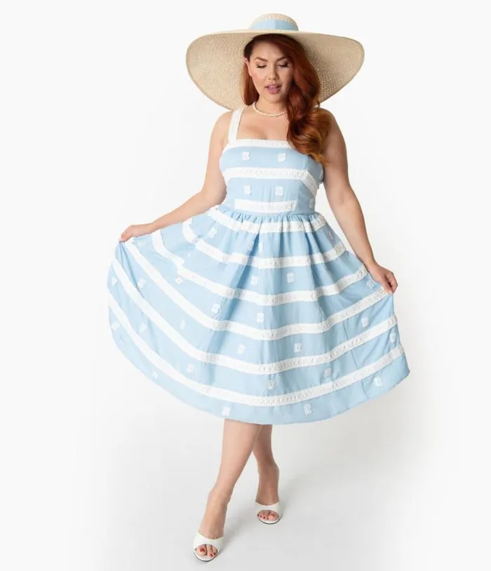 Barbie X Blue and White Suburban Shopper Sundress DressesPlus Unique Vintage Pocket Dresses