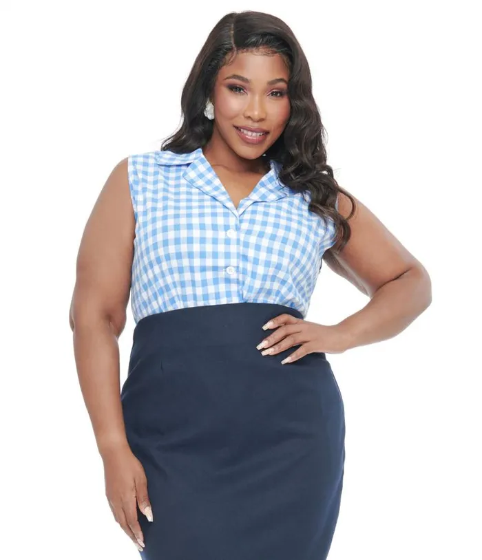 Barbie X Plus Size 1950s Blue and White Gingham Commuter Set Collar Blouse ClothingPlus Unique Vintage Blouses Barbie X Plus Size 1950s Blue and White Gingham Commuter Set Collar Blouse ClothingPlus Unique Vintage Blouses