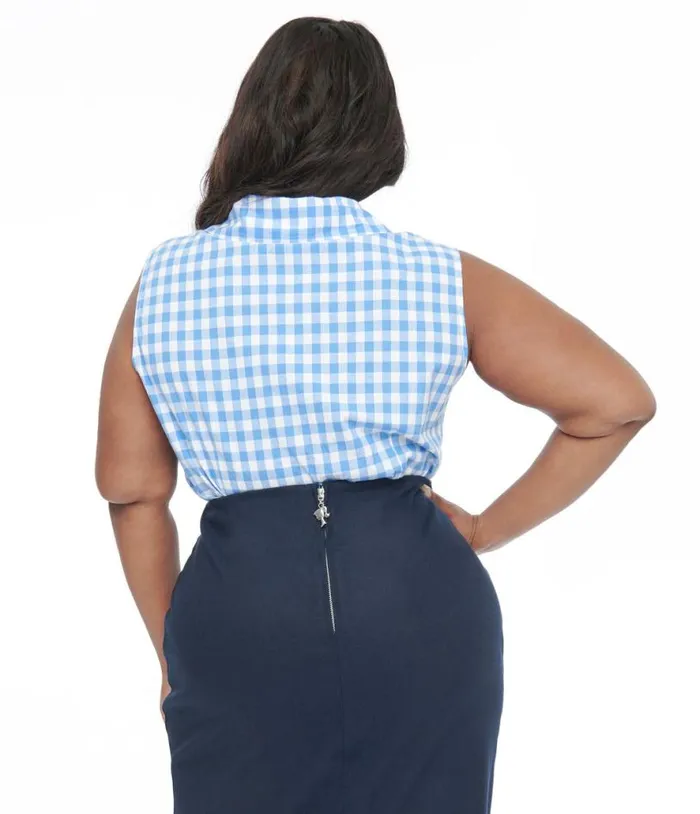 Barbie X Plus Size 1950s Blue and White Gingham Commuter Set Collar Blouse ClothingPlus Unique Vintage Blouses