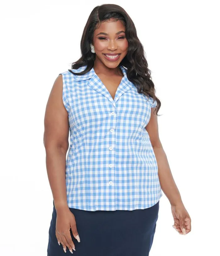 Barbie X Plus Size 1950s Blue and White Gingham Commuter Set Collar Blouse ClothingPlus Unique Vintage Blouses
