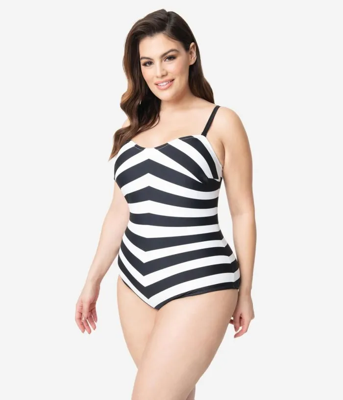Barbie X Plus Size Black and White Chevron Stripe One Piece Bathing Suit Plus Unique Vintage One Piece Swim Barbie X Plus Size Black and White Chevron Stripe One Piece Bathing Suit Plus Unique Vintage One Piece Swim