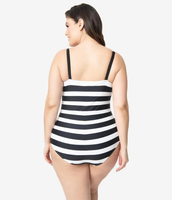 Barbie X Plus Size Black and White Chevron Stripe One Piece Bathing Suit Plus Unique Vintage One Piece Swim