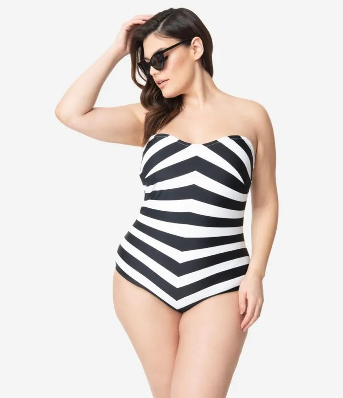 Barbie X Plus Size Black and White Chevron Stripe One Piece Bathing Suit Plus Unique Vintage One Piece Swim