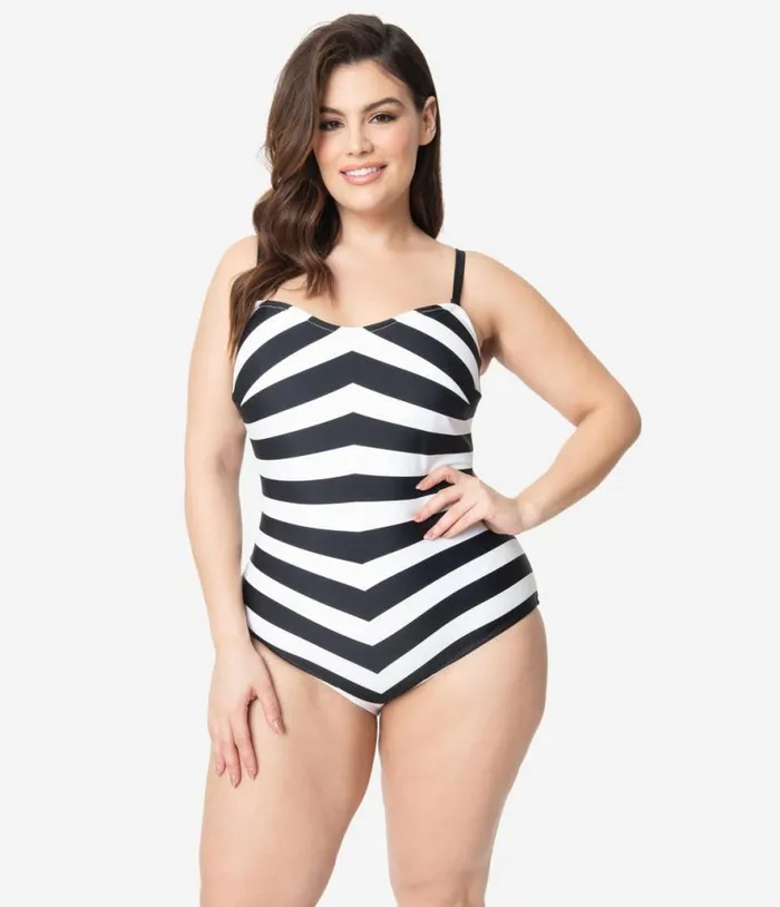Barbie X Plus Size Black and White Chevron Stripe One Piece Bathing Suit Plus Unique Vintage One Piece Swim