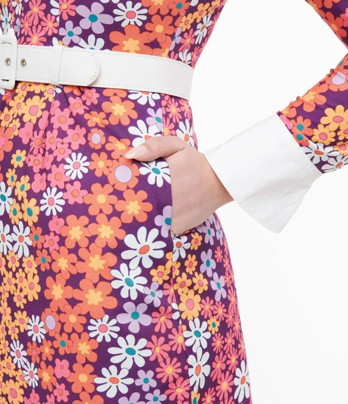 Barbie X Smak Parlour 1970s Purple Floral Short N Sweet Flare Dress Dresses Unique Vintage Pocket Dresses