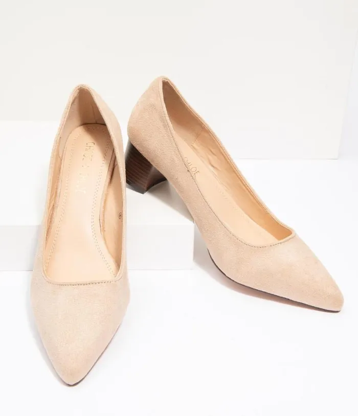 Beige Suede Pointed Toe Stacked Heels Shoes Unique Vintage Heels