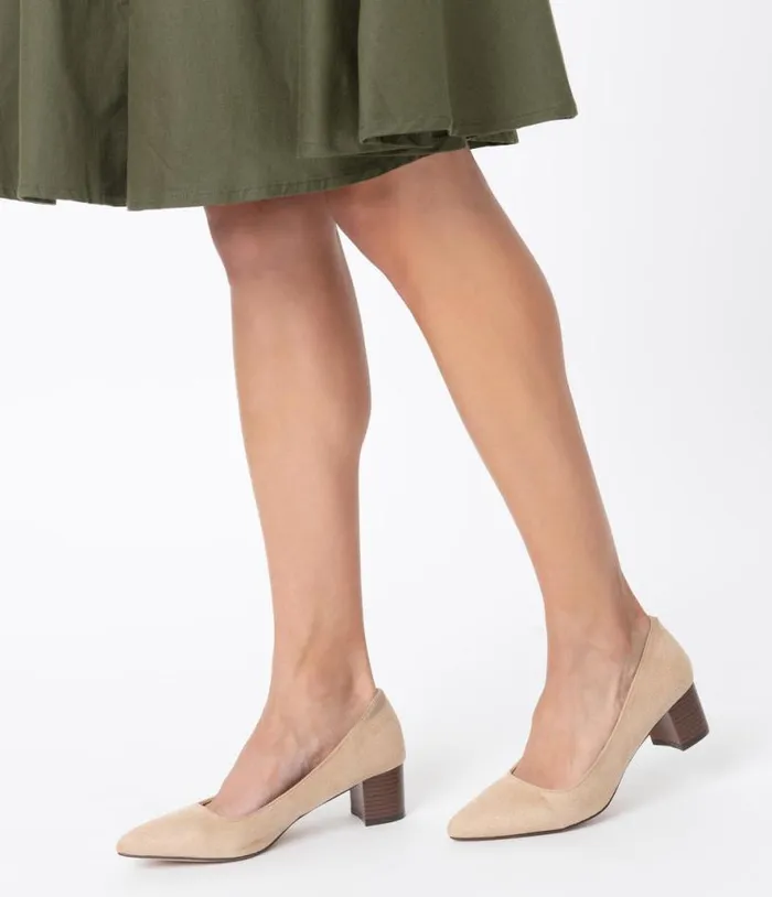 Beige Suede Pointed Toe Stacked Heels Shoes Unique Vintage Heels