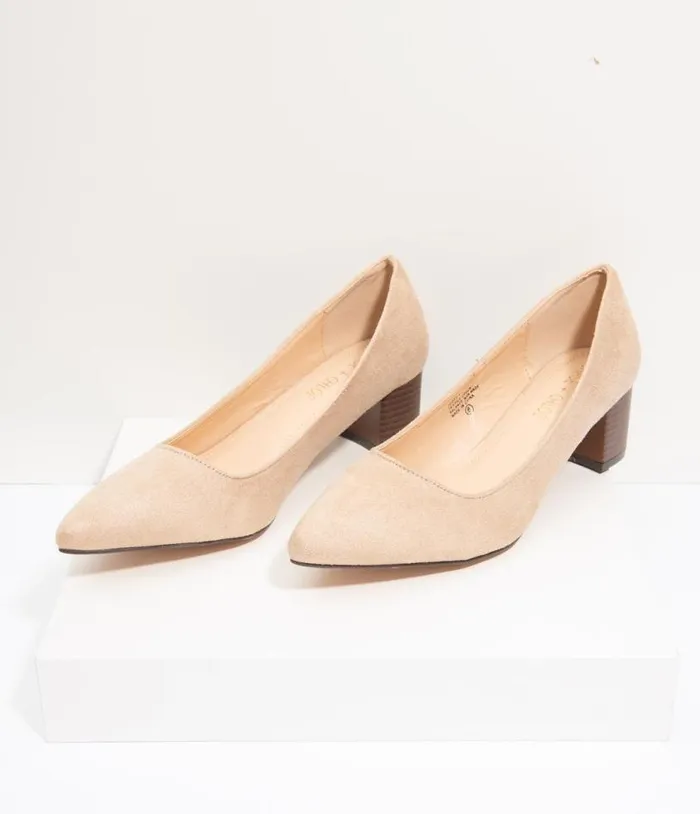 Beige Suede Pointed Toe Stacked Heels Shoes Unique Vintage Heels
