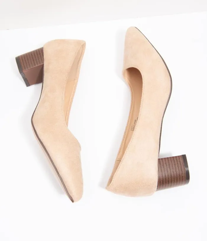 Beige Suede Pointed Toe Stacked Heels Shoes Unique Vintage Heels