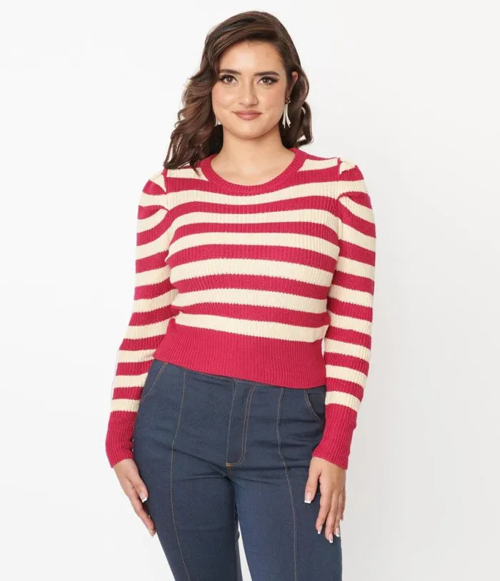 Berry Pink and Cream Stripe Sweater Clothing Unique Vintage Sweaters and Cardigans Berry Pink and Cream Stripe Sweater Clothing Unique Vintage Sweaters and Cardigans