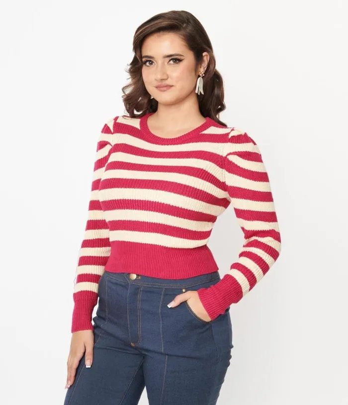 Berry Pink and Cream Stripe Sweater Clothing Unique Vintage Sweaters and Cardigans