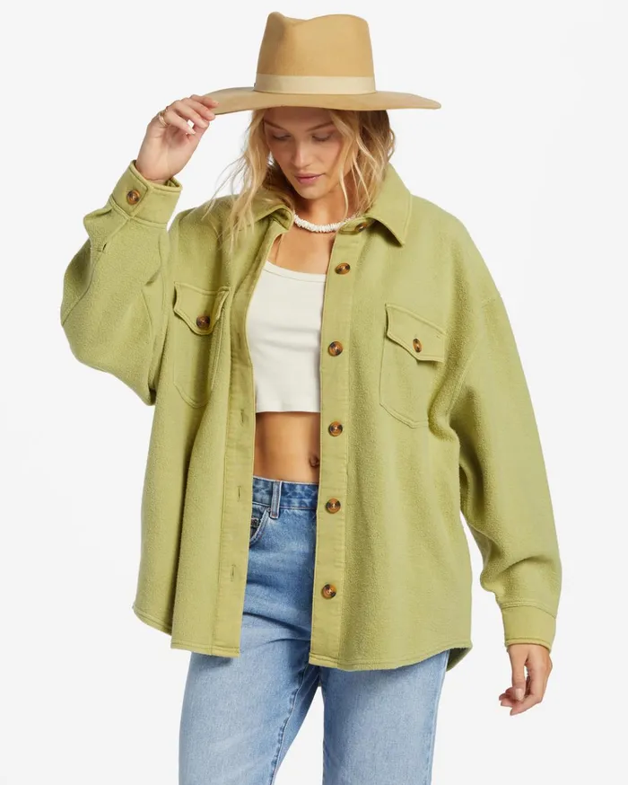 Billabong Anytime Shacket Oversized ButtonThrough Jacket Avocado Women Tops Billabong Anytime Shacket Oversized ButtonThrough Jacket Avocado Women Tops