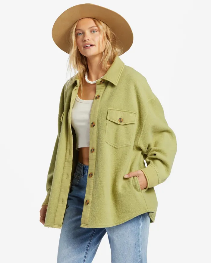 Billabong Anytime Shacket Oversized ButtonThrough Jacket Avocado Women Tops Billabong Anytime Shacket Oversized ButtonThrough Jacket Avocado Women Tops