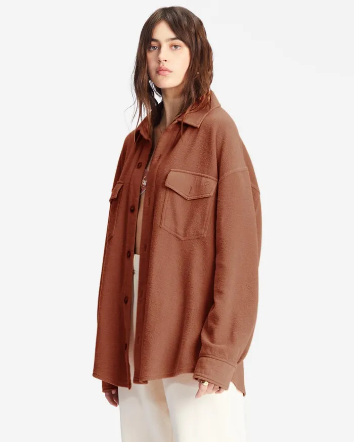 Billabong Anytime Shacket Oversized ButtonThrough Jacket Sweet Chocolate Women Tops