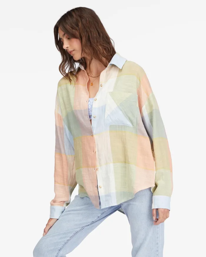Billabong Easy Breezy Long Sleeve ButtonUp Shirt Multi Women Tops Billabong Easy Breezy Long Sleeve ButtonUp Shirt Multi Women Tops
