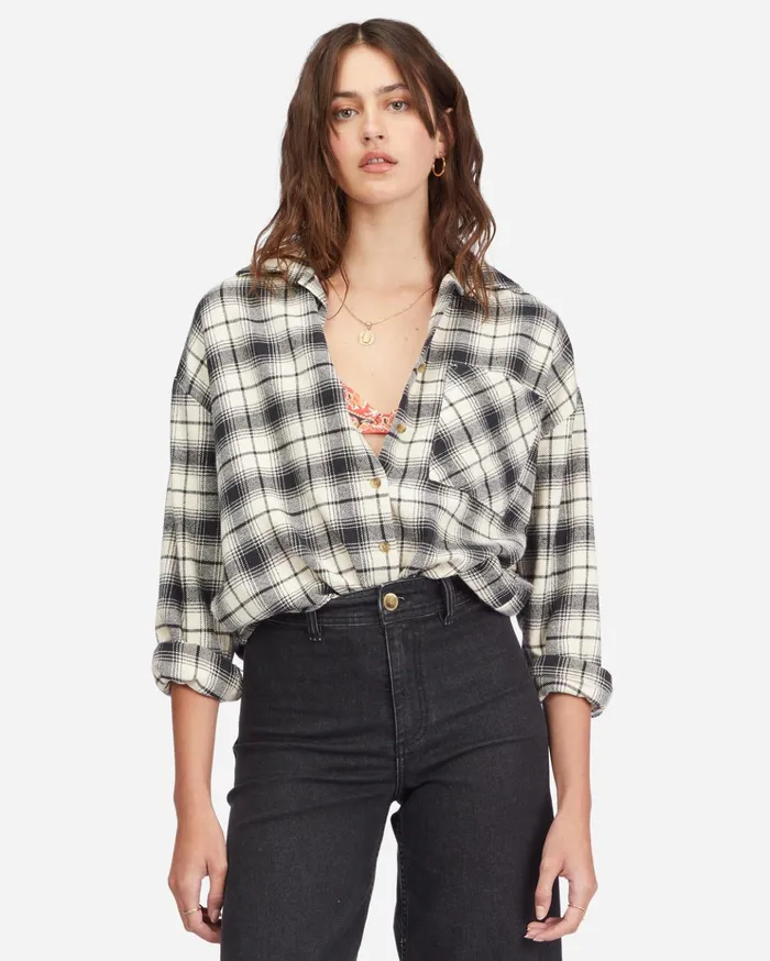 Billabong Easy Breezy Long Sleeve ButtonUp Shirt Off Black Women Tops