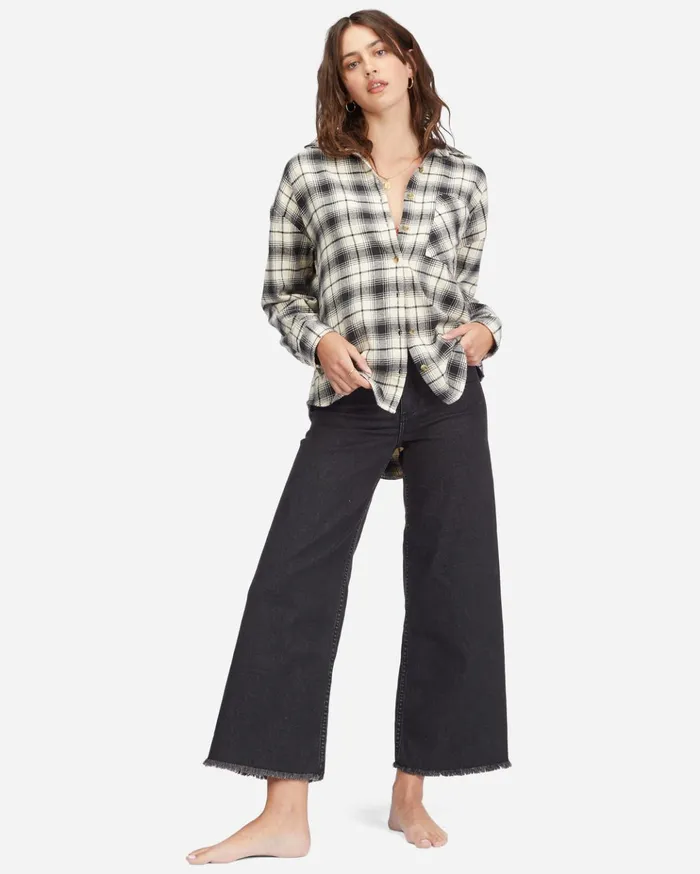 Billabong Easy Breezy Long Sleeve ButtonUp Shirt Off Black Women Tops Billabong Easy Breezy Long Sleeve ButtonUp Shirt Off Black Women Tops