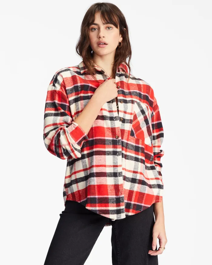 Billabong Easy Breezy Long Sleeve ButtonUp Shirt Red Magic Women Tops
