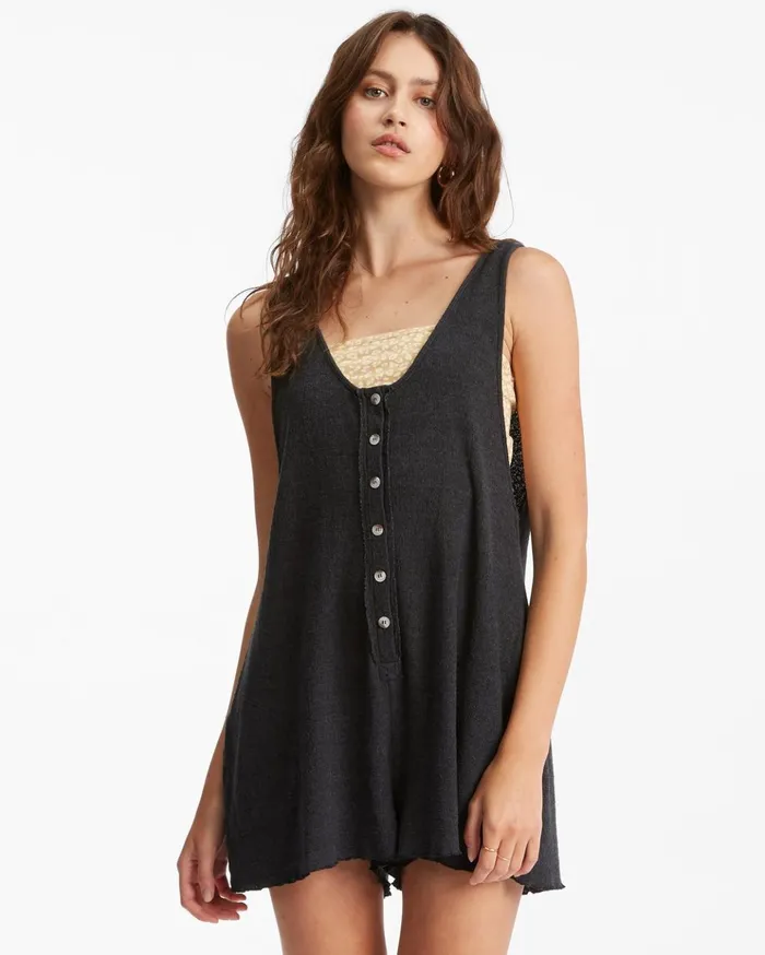 Billabong Fade Away ButtonUp Knit Romper Off Black Women Beach Cover Ups