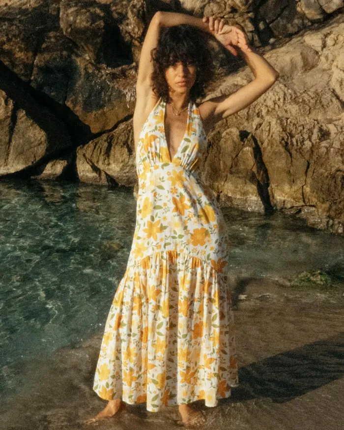 Billabong Feelin Retro Halter Maxi Dress Salt Crystal Women Dresses