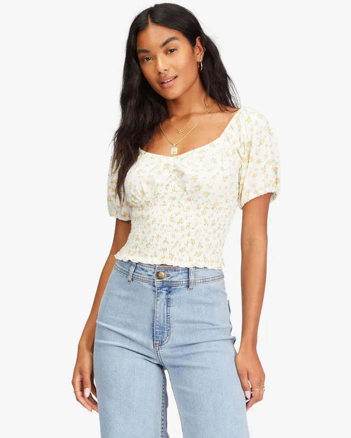 Billabong Get Along Puff Sleeve Top Salt Crystal Women Tops