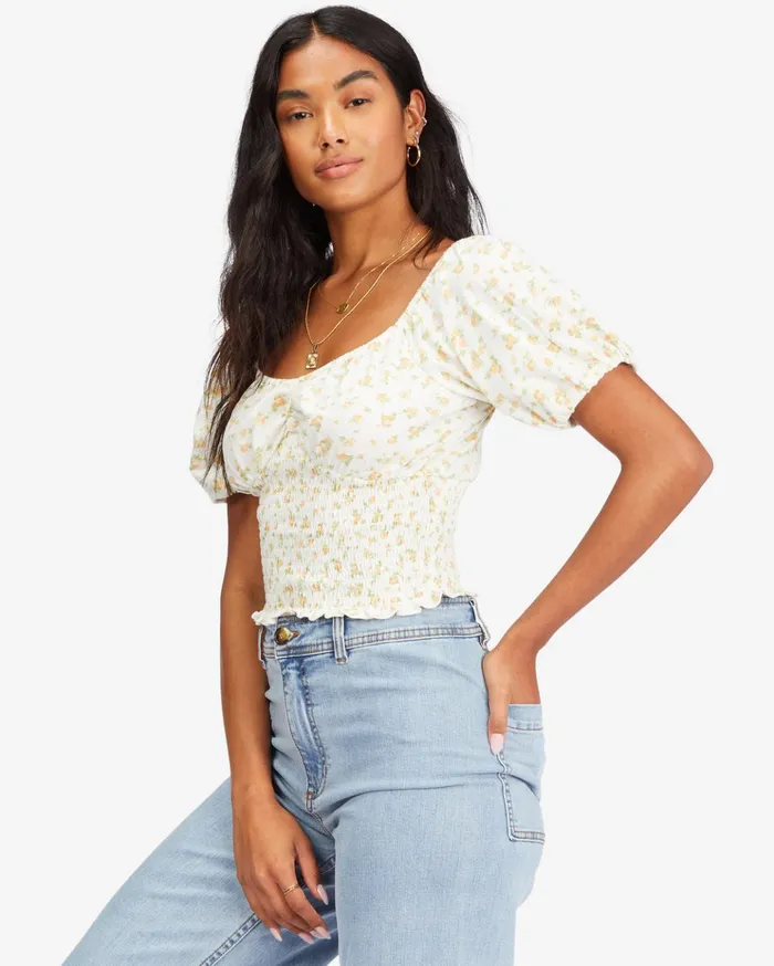 Billabong Get Along Puff Sleeve Top Salt Crystal Women Tops Billabong Get Along Puff Sleeve Top Salt Crystal Women Tops