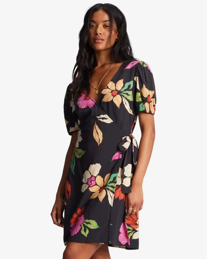 Billabong Hot Tropics Mini Wrap Dress Black Pebble Women Dresses