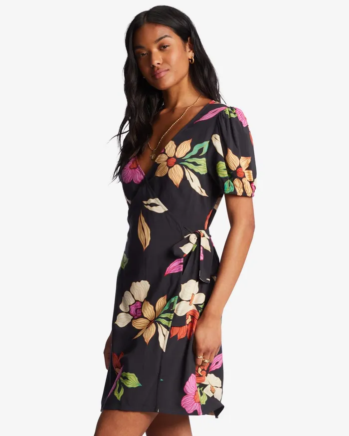 Billabong Hot Tropics Mini Wrap Dress Black Pebble Women Dresses Billabong Hot Tropics Mini Wrap Dress Black Pebble Women Dresses