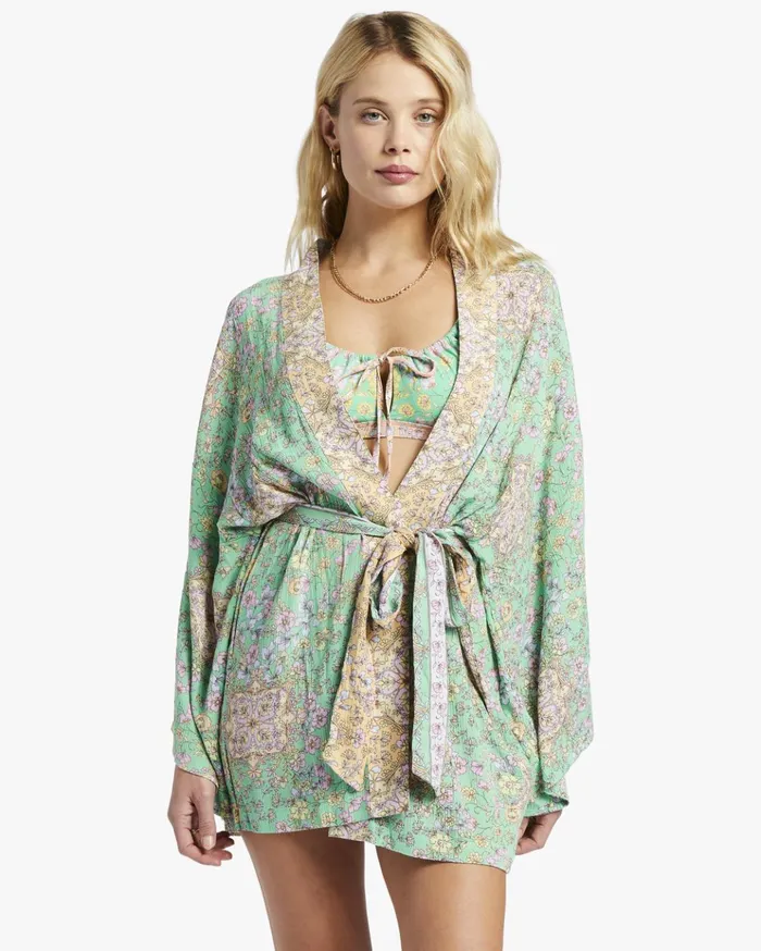 Billabong Loveland 2 Kimono Beach Cover Up Green Women Beach Cover Ups
