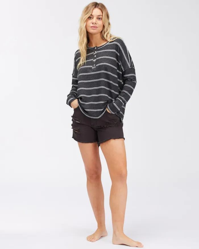 Billabong New Anyday Henley Top Off Black Women Tops Billabong New Anyday Henley Top Off Black Women Tops