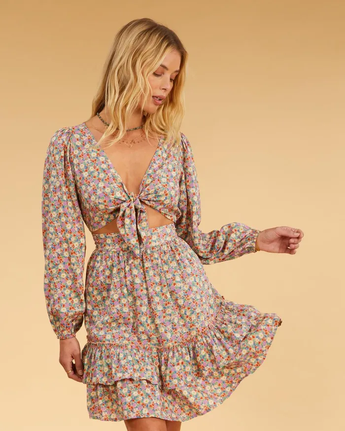 Billabong Salty Blonde Ditsy Dreamer Long Sleeve Mini Dress Multi Women Dresses