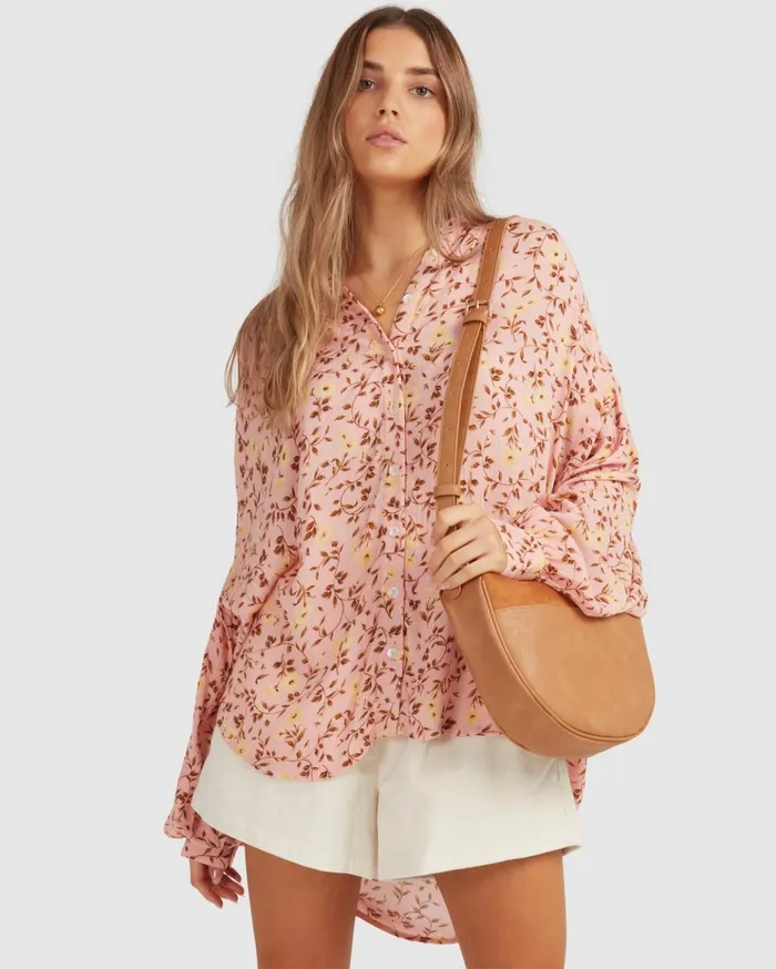 Billabong Shine On Eco Long Sleeve Blouse Pink Women Tops