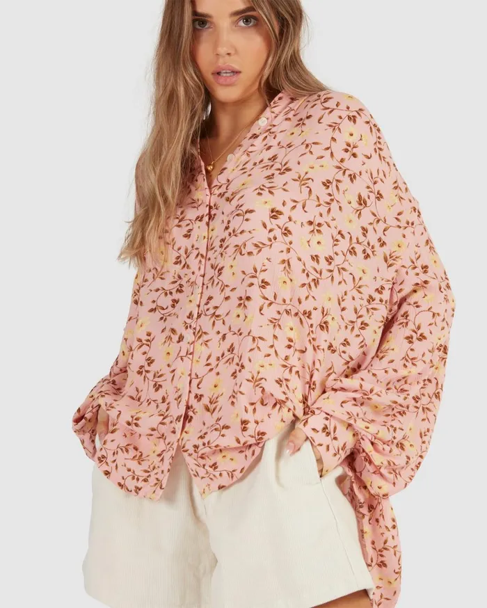 Billabong Shine On Eco Long Sleeve Blouse Pink Women Tops Billabong Shine On Eco Long Sleeve Blouse Pink Women Tops