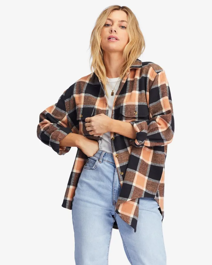 Billabong So Stoked Oversized ButtonDown Flannel Shirt Tan Women Tops Billabong So Stoked Oversized ButtonDown Flannel Shirt Tan Women Tops