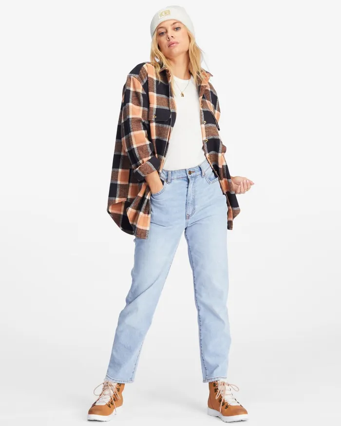 Billabong So Stoked Oversized ButtonDown Flannel Shirt Tan Women Tops Billabong So Stoked Oversized ButtonDown Flannel Shirt Tan Women Tops