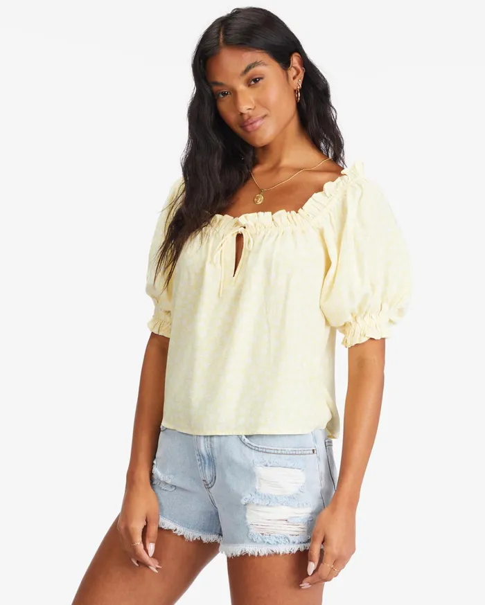 Billabong Sunny Skies PuffSleeve Top Salt Crystal Women Tops Billabong Sunny Skies PuffSleeve Top Salt Crystal Women Tops