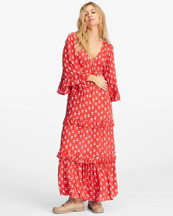 Billabong Time After Time VNeck Maxi Dress Red Magic Women Dresses