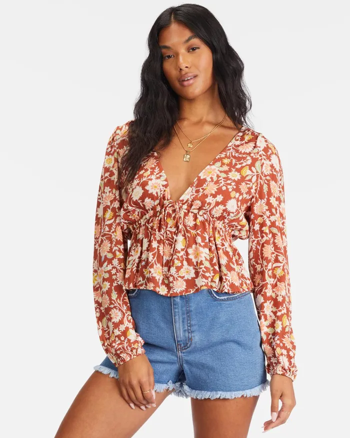 Billabong Time Goes By Long Sleeve Crop Top Red Clay Women Tops