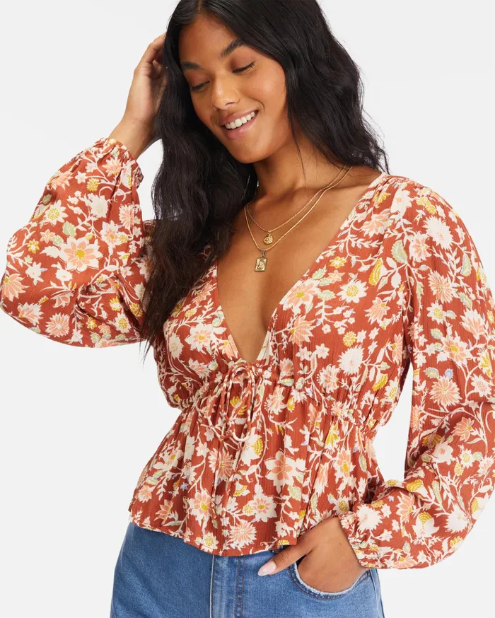 Billabong Time Goes By Long Sleeve Crop Top Red Clay Women Tops Billabong Time Goes By Long Sleeve Crop Top Red Clay Women Tops