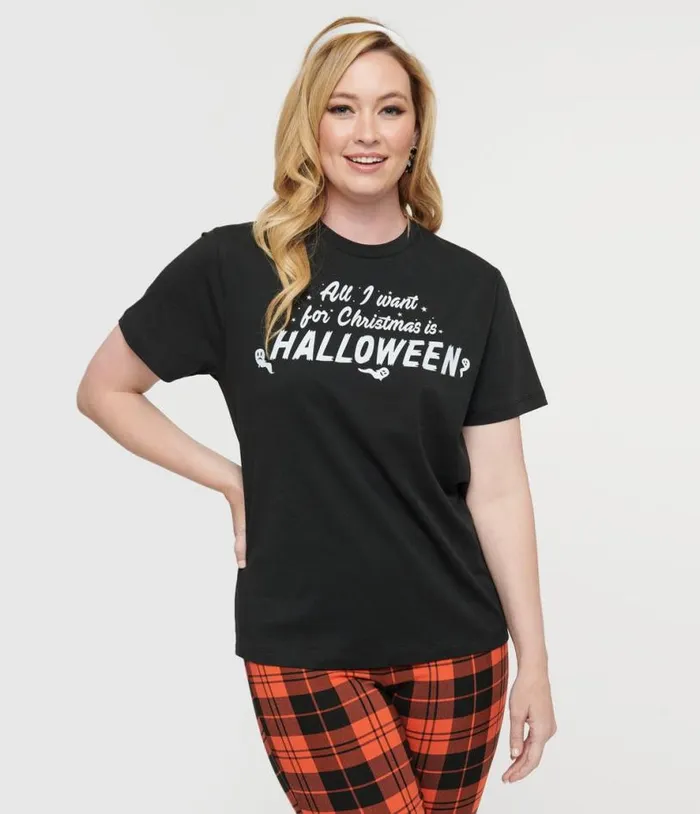 Black All I Want For Christmas Is Halloween Unisex Graphic Tee ClothingHalloween Unique Vintage Graphic Tees