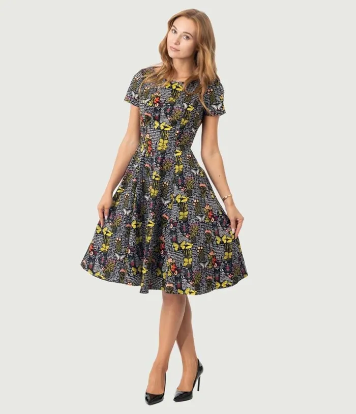 Black and Botanical Butterfly Print Swing Dress DressesPlus Unique Vintage Swing