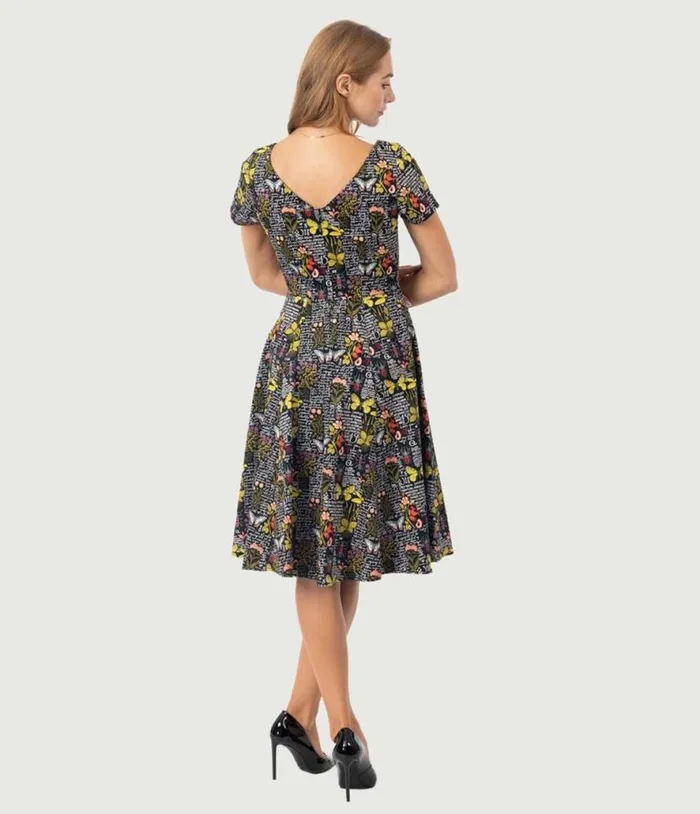 Black and Botanical Butterfly Print Swing Dress DressesPlus Unique Vintage Swing